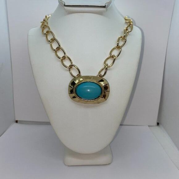 Gold-Tone Turquoise Blue Pendant Necklace - Picture 1 of 7